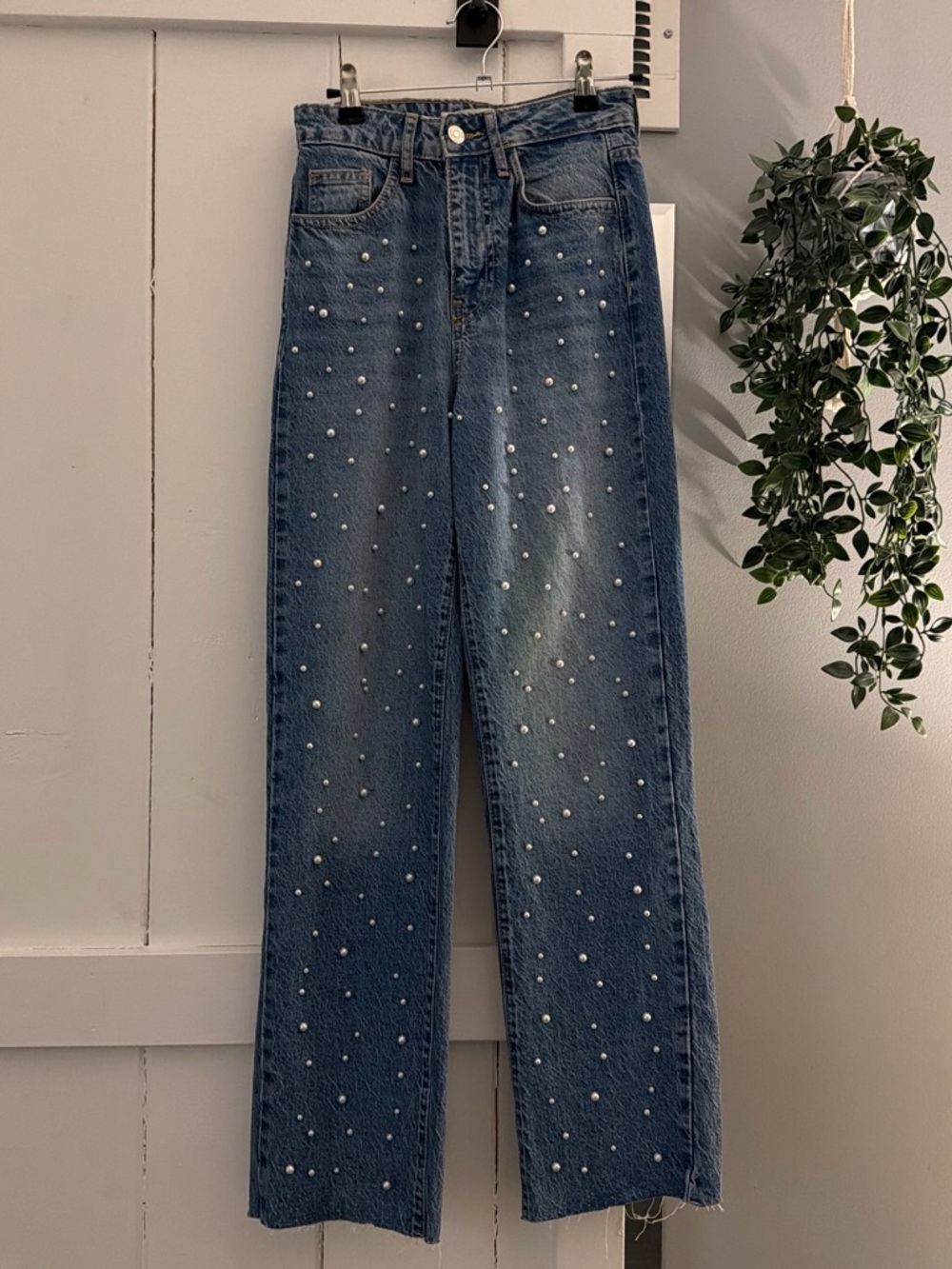 Zara Pearl-Embellished Blue Women's Jeans